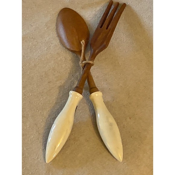 Ceramic Handles Delft Wood salad Set - Picture 2 of 6